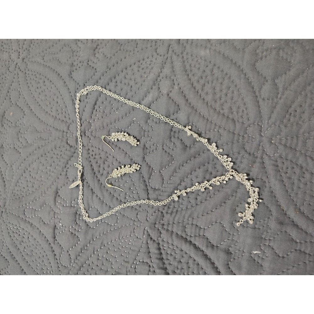 Silver Tone Beaded Cluster Necklace and Drop Earrings Jewelry Set